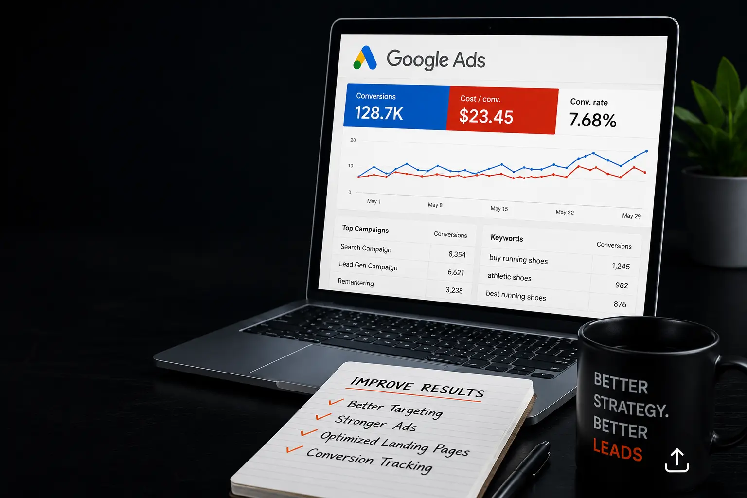 Google Ads dashboard showing campaign conversions and lead performance