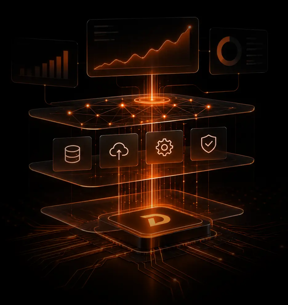 bstract orange technology illustration representing digital marketing research and development
